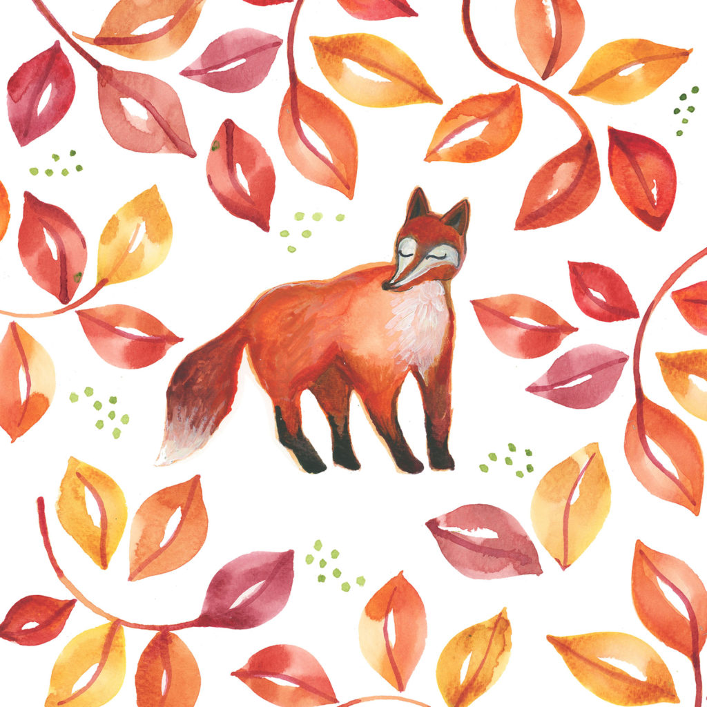 fox illustration autumn leaves print watercolour painting stationery greetings card 